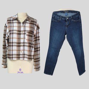 SELFIE CROPPED FLANNEL SHIRT, SIZE JR. L  and ARIZONA CROPPED JEANS, SIZE 9